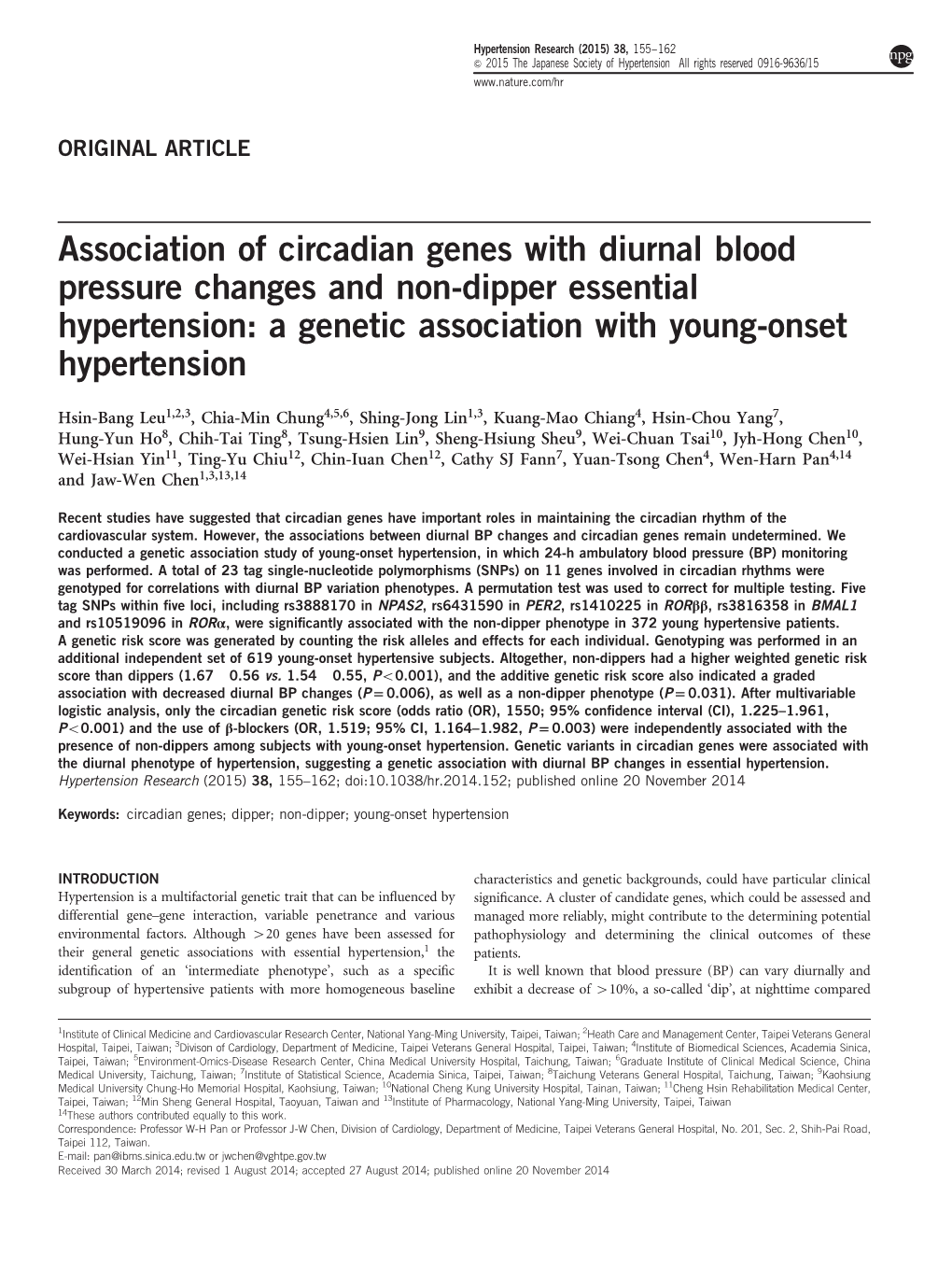 Association of Circadian Genes with Diurnal Blood Pressure Changes and Non-Dipper Essential Hypertension: a Genetic Association with Young-Onset Hypertension