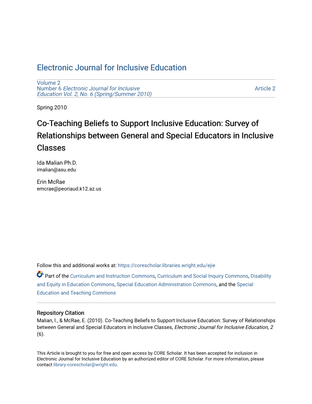 Co-Teaching Beliefs to Support Inclusive Education: Survey of Relationships Between General and Special Educators in Inclusive Classes