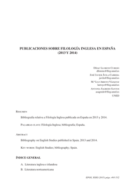 Publicaciones Sobre Filología Inglesa En España (2013 Y 2014)