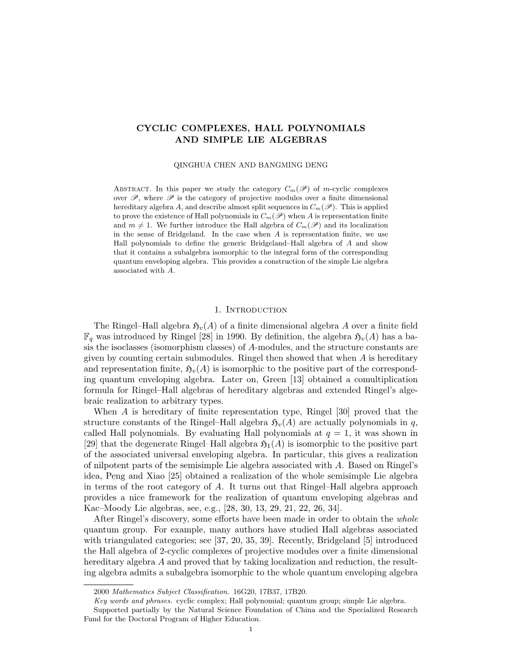 Cyclic Complexes, Hall Polynomials and Simple Lie Algebras