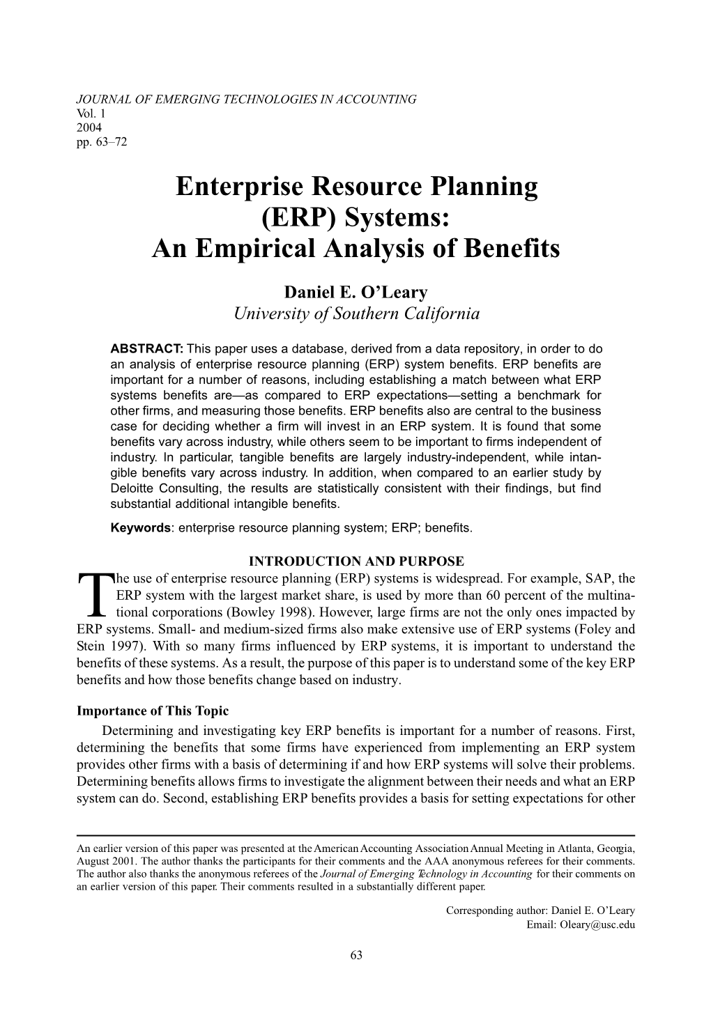 Enterprise Resource Planning (ERP) Systems: an Empirical Analysis of Benefits