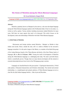 The Status of Meiteilon Among the Tibeto-Burman Languages