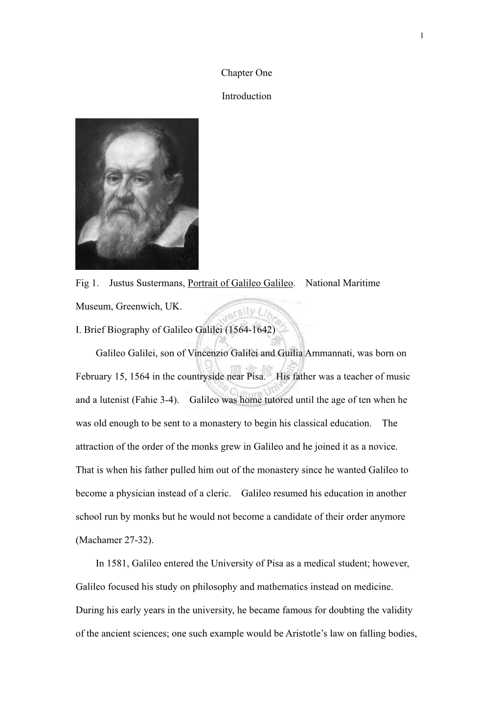 Chapter One Introduction Fig 1. Justus Sustermans, Portrait of Galileo