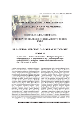 SESIÓN DE ELECCIÓN DE LA MESA DIRECTIVA Y CLAUSURA DE LA JUNTA PREPARATORIA (Matinal)