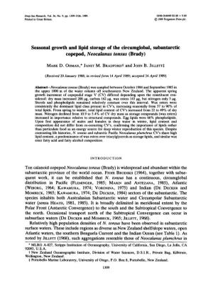Seasonal Growth and Lipid Storage of the Circumgiobal, Subantarctic Copepod, Neocalanus Tonsus (Brady)