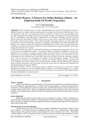 Do Bank Mergers, a Panacea for Indian Banking Ailment - an Empirical Study of World’S Experience