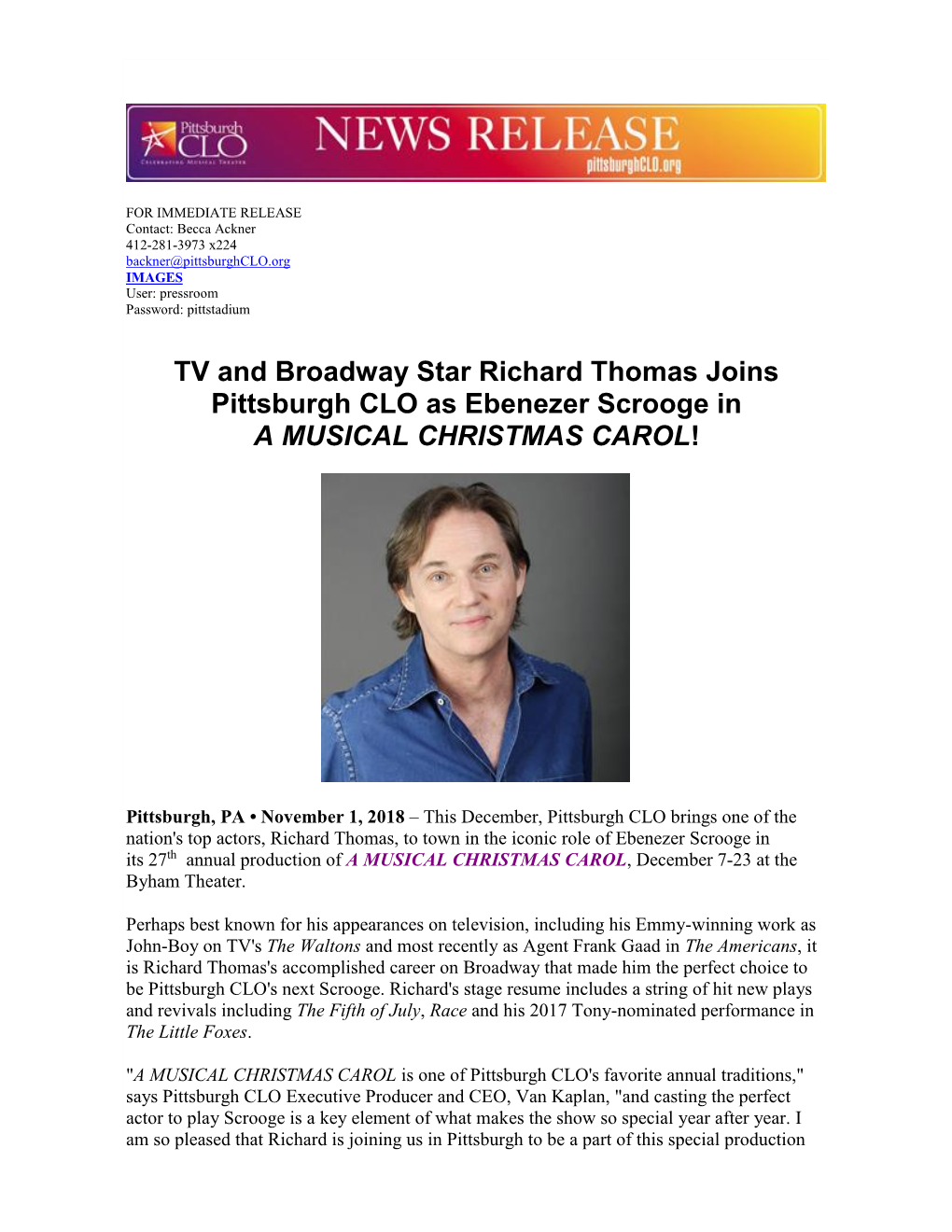 TV and Broadway Star Richard Thomas Joins Pittsburgh CLO As Ebenezer Scrooge in a MUSICAL CHRISTMAS CAROL!