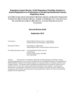 Regulatory Impact Review / Initial Regulatory Flexibility Analysis to Amend Regulations for Participants in the Bering Sea/Aleutian Islands Regulatory Areas