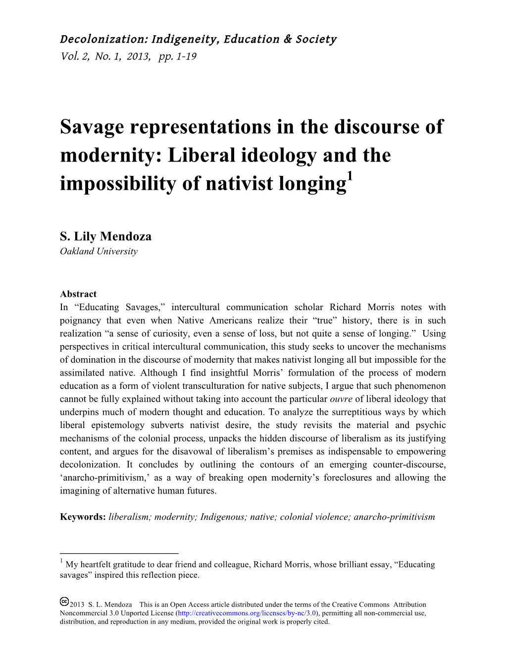 Savage Representations in the Discourse of Modernity: Liberal Ideology and the Impossibility of Nativist Longing1