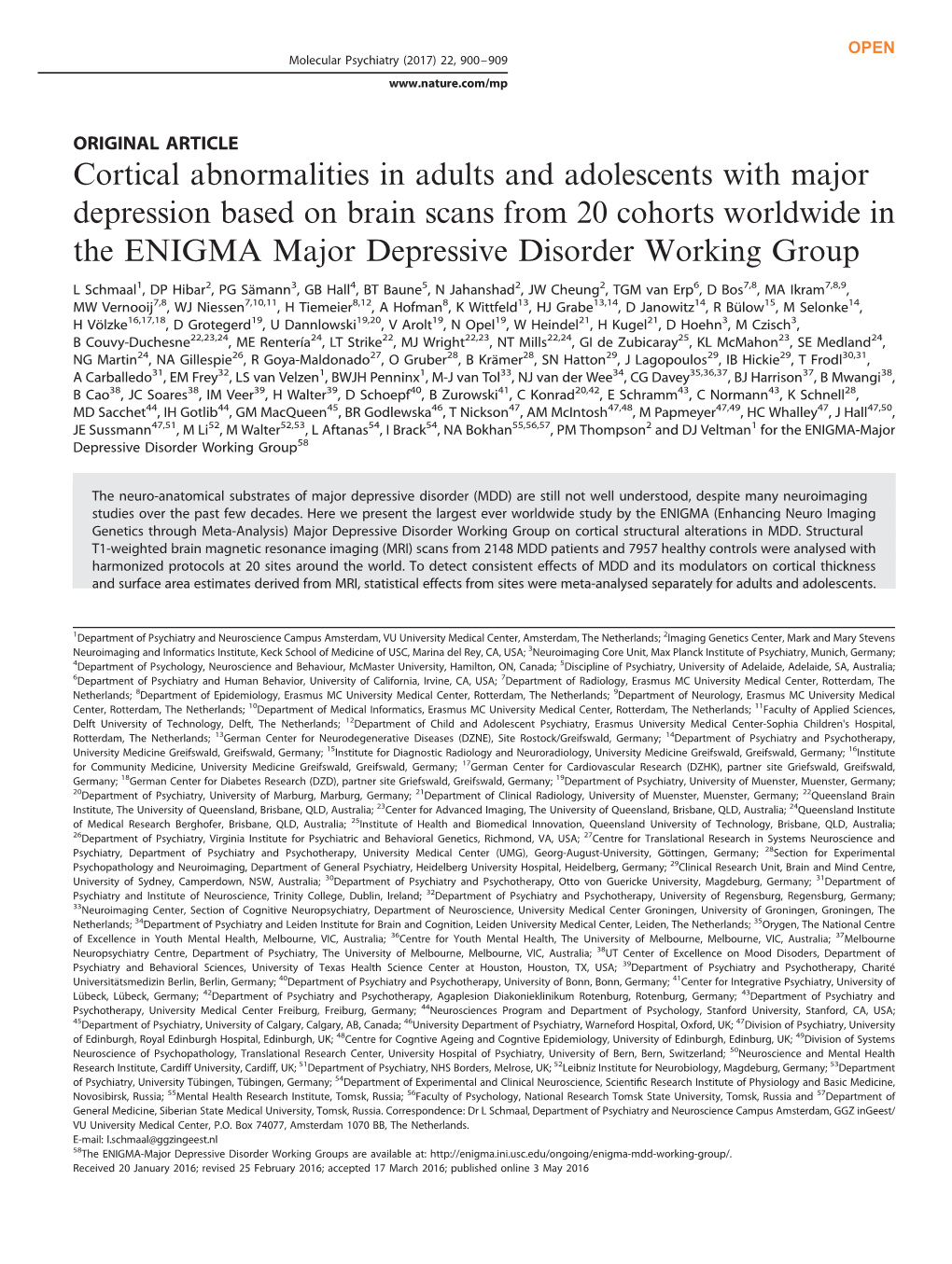 Cortical Abnormalities in Adults and Adolescents with Major Depression