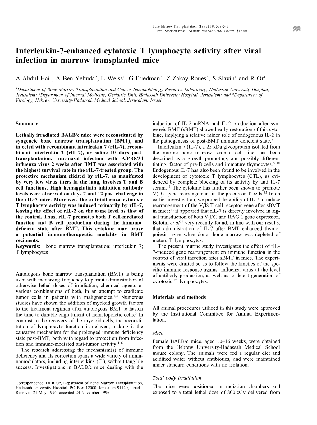 Interleukin-7-Enhanced Cytotoxic T Lymphocyte Activity After Viral Infection in Marrow Transplanted Mice