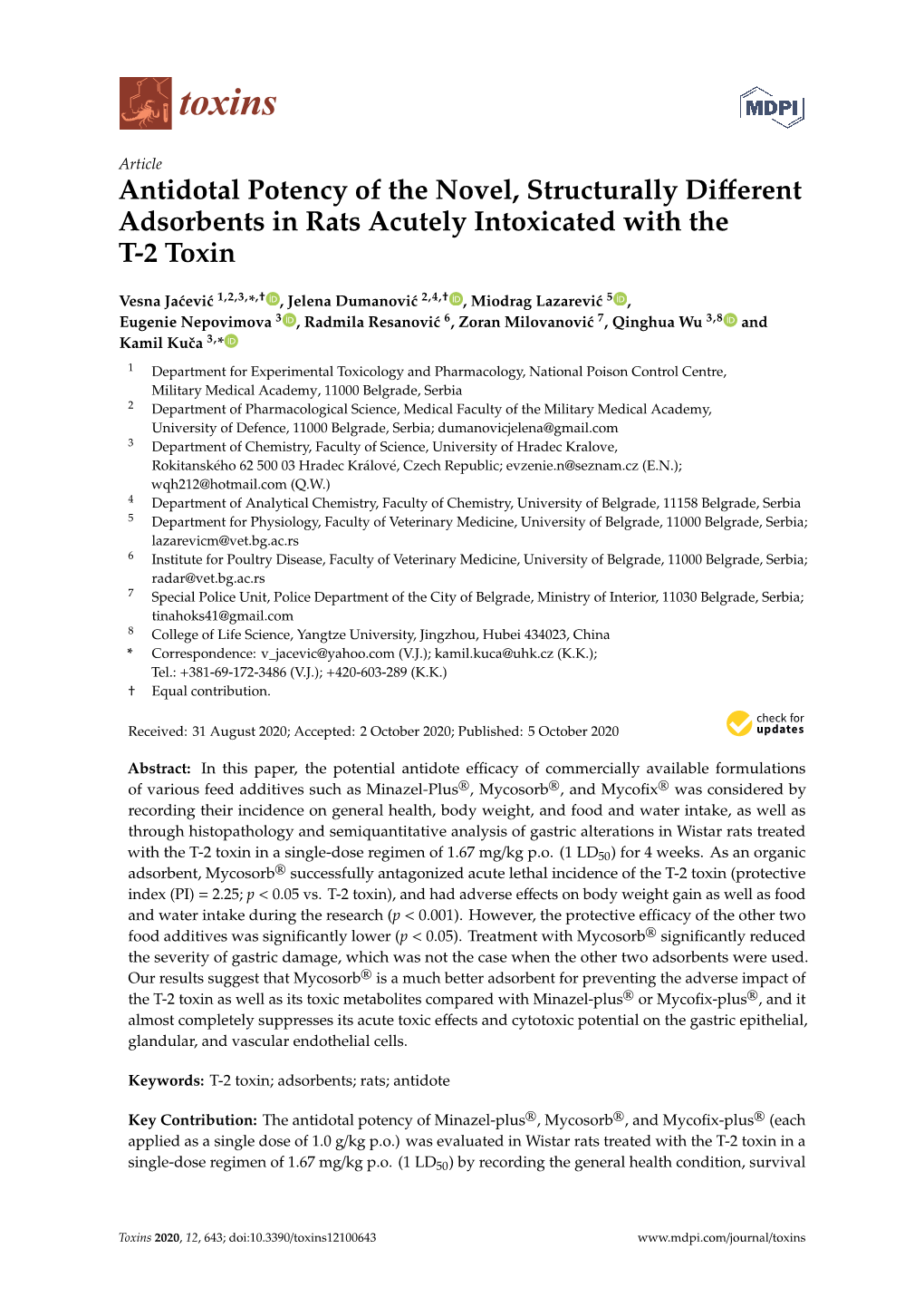 Antidotal Potency of the Novel, Structurally Different Adsorbents In