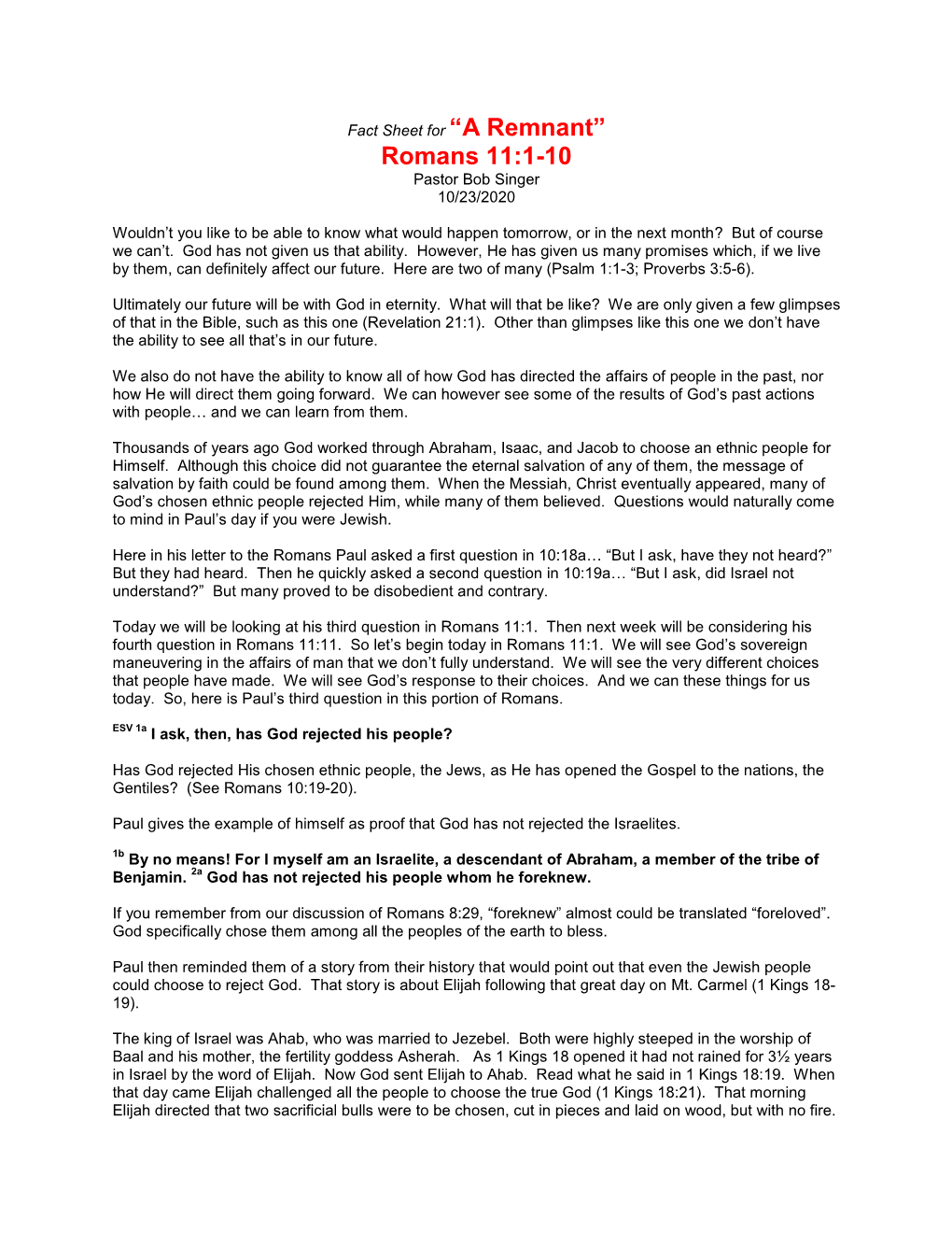 Romans 11:1-10 Pastor Bob Singer 10/23/2020