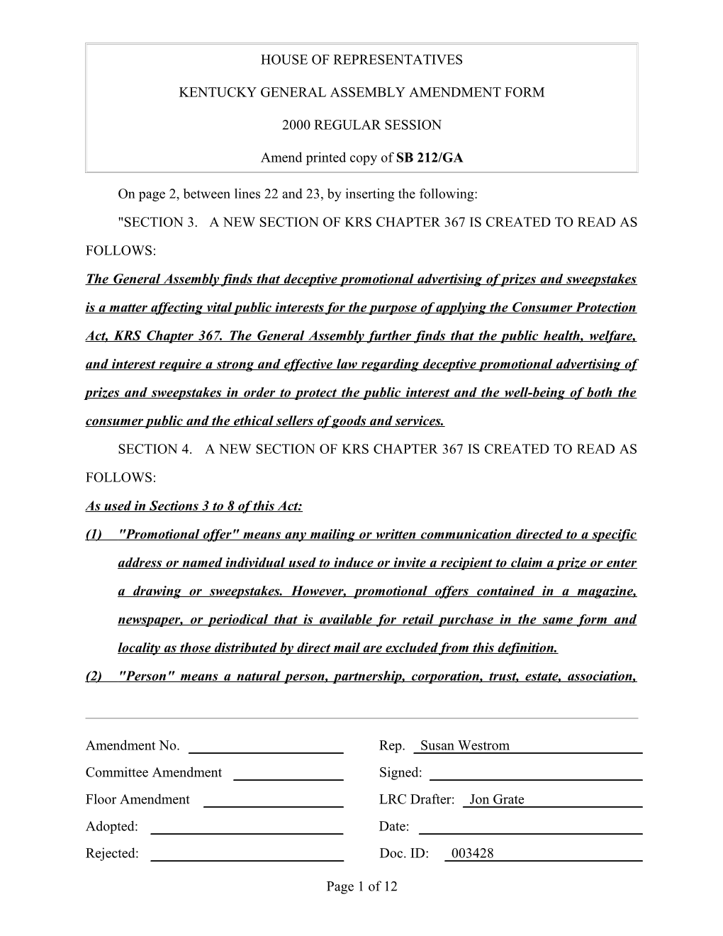 Kentucky General Assembly Amendment Form s12