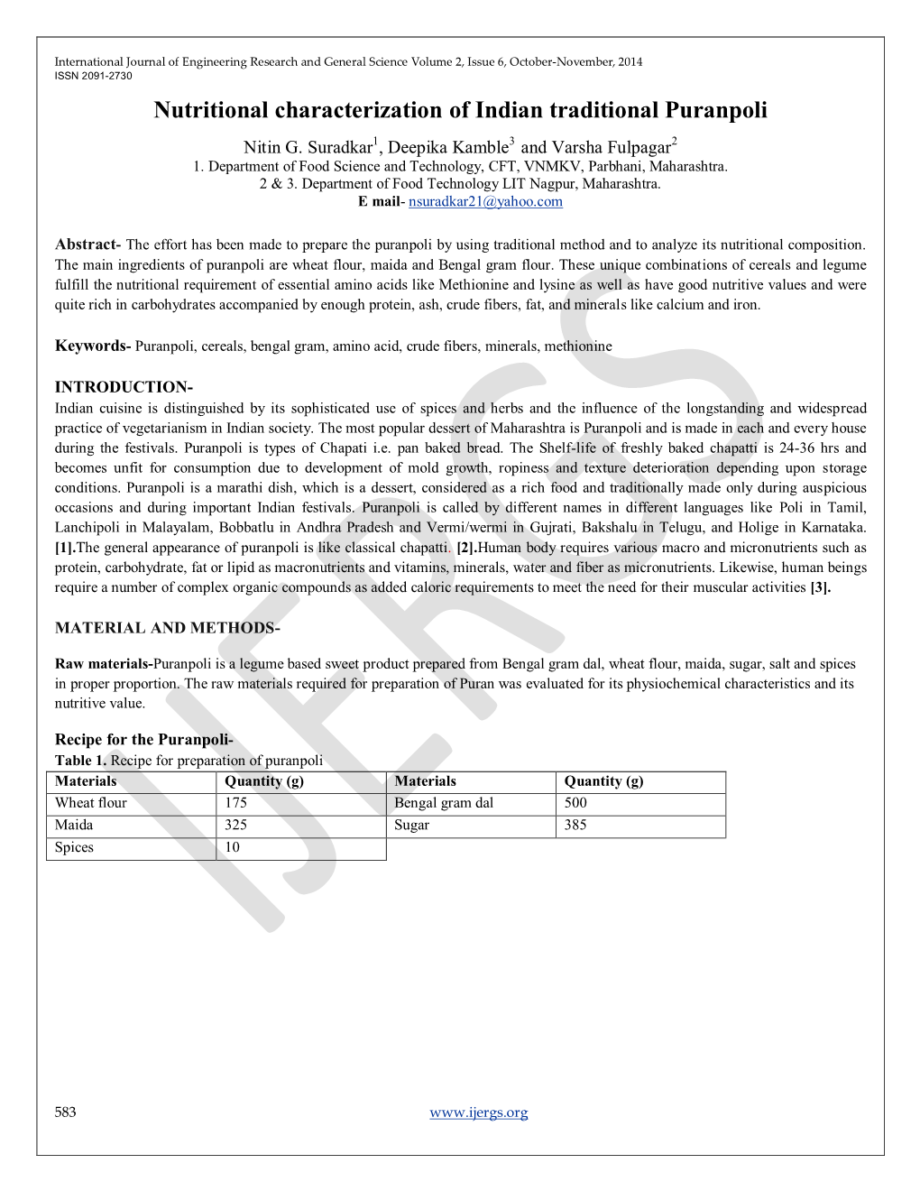 Nutritional Characterization of Indian Traditional Puranpoli