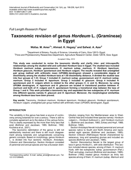 Taxonomic Revision of Genus Hordeum L
