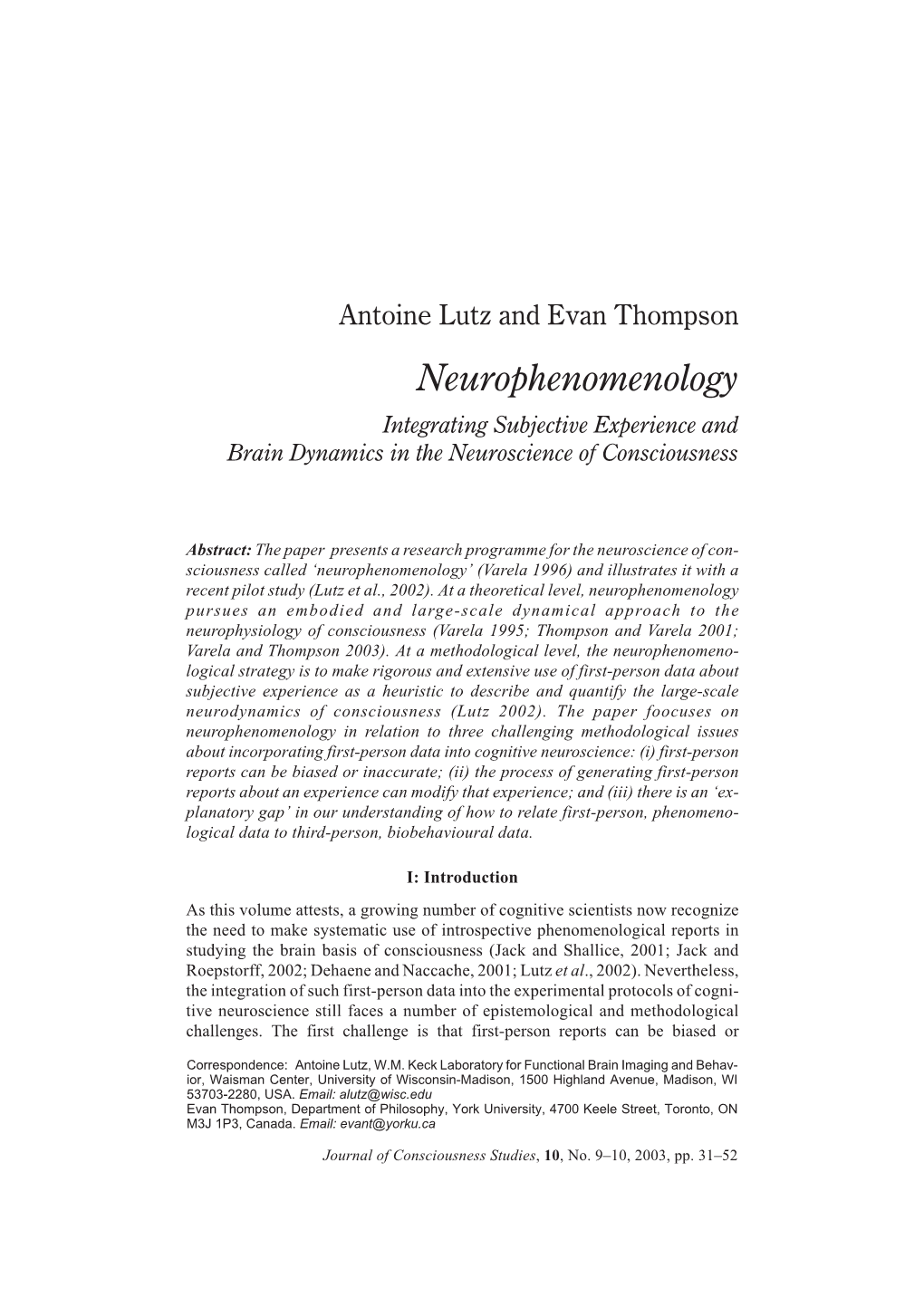 Antoine Lutz and Evan Thompson, “Neurophenomenology: Integrating