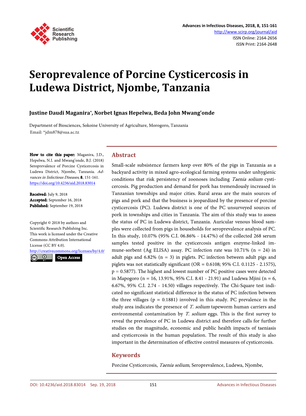 Seroprevalence of Porcine Cysticercosis in Ludewa District, Njombe, Tanzania