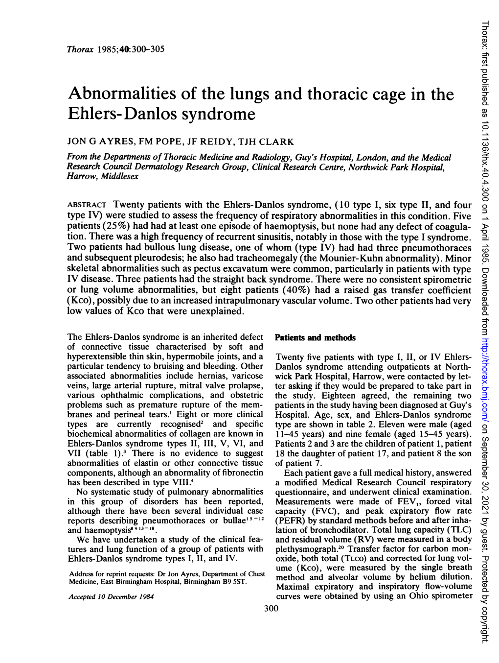 Abnormalities of the Lungs and Thoracic Cage in the Ehlers-Danlos Syndrome