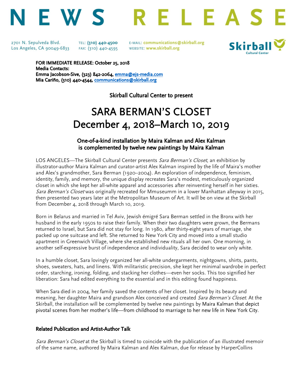 SARA BERMAN's CLOSET December 4, 2018–March 10, 2019