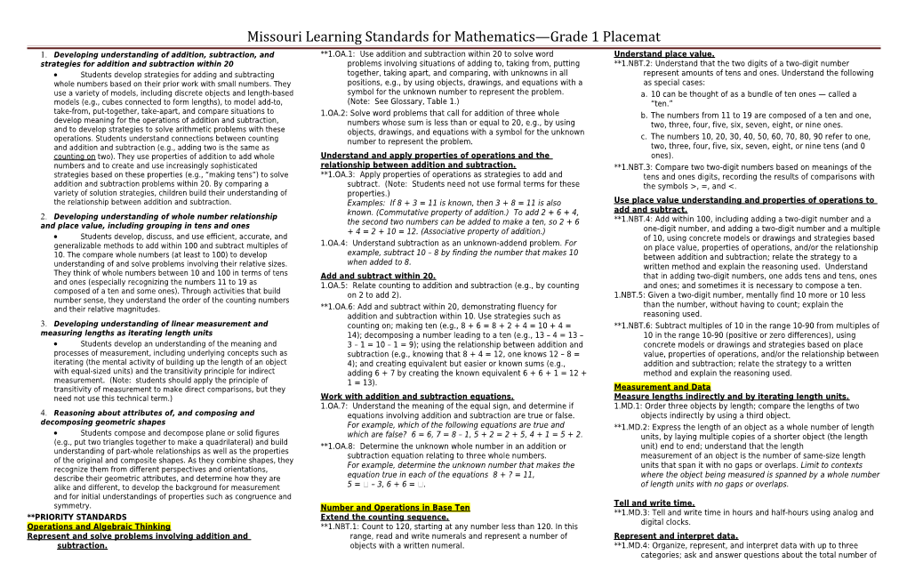 Missouri Learning Standards for Mathematics Grade 1 Placemat