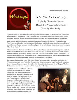 The Sherlock Entreaty a Play by Charmaine Spenser Directed by Valerie Adami Juhlin Notes by Alan Rettig