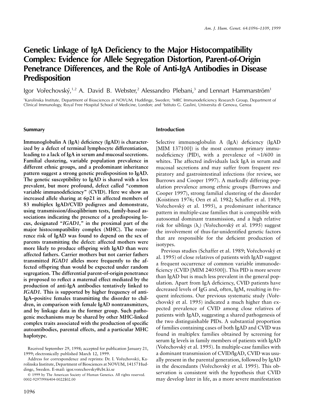 Genetic Linkage of Iga Deficiency to the Major Histocompatibility Complex