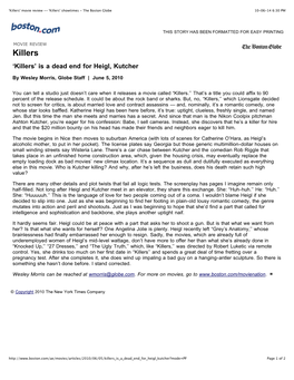 Killers' Movie Review -- 'Killers' Showtimes - the Boston Globe 10-06-14 6:30 PM