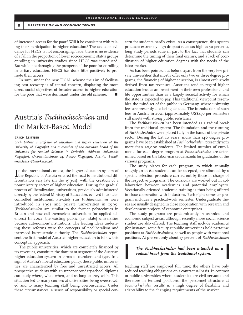 Austria's Fachhochschulen and the Market-Based Model