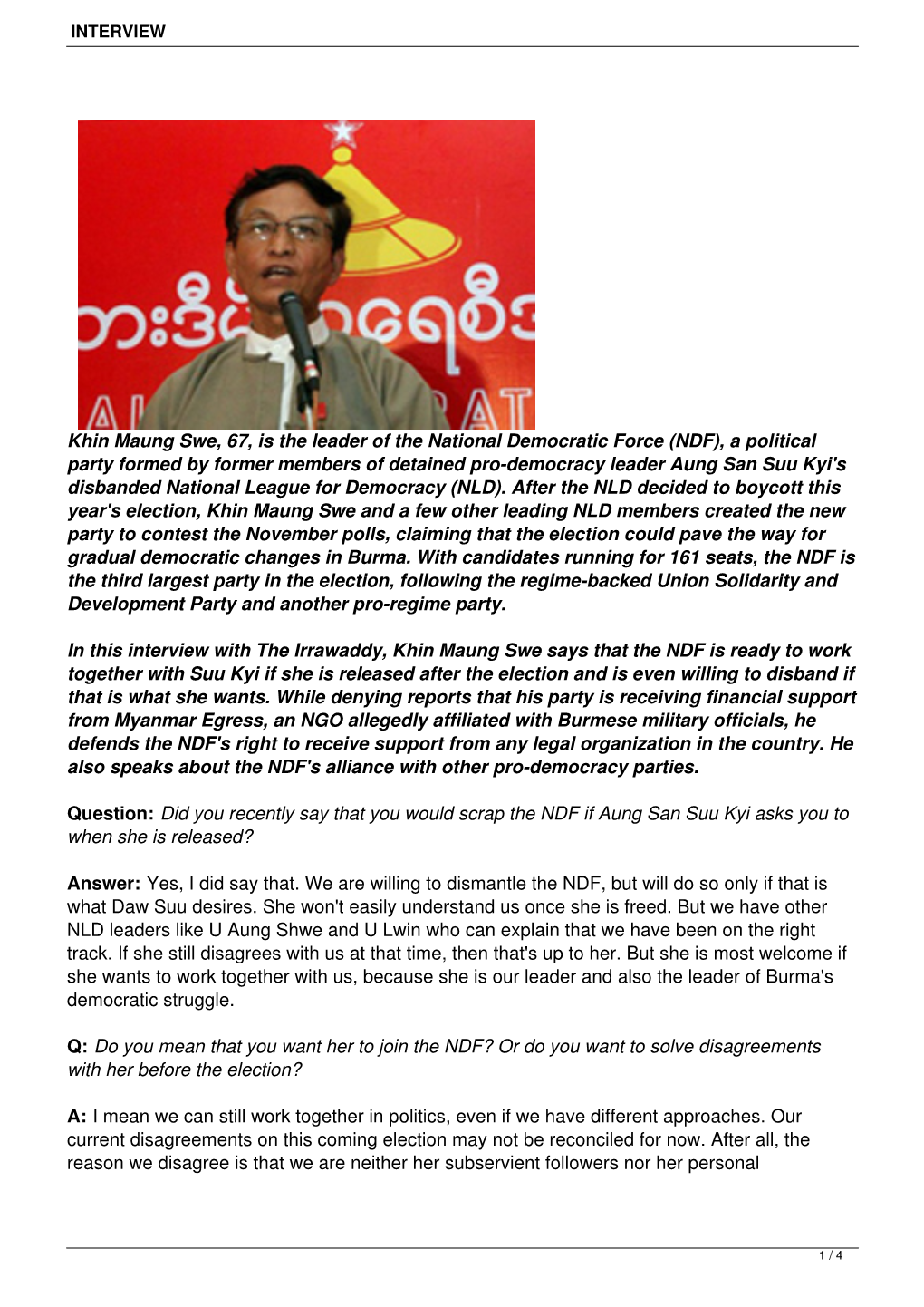 Khin Maung Swe, 67, Is the Leader of the National Democratic Force