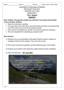 Kashmir Dear Children, Through This Project You Will Learn More About the Beautiful Unioun Territory, Kashmir • Read the Instructions Carefully
