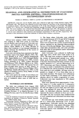 Seasonal and Geographical Distribution of Culicoides Imicoi,A, Kieffer Oiptera: Ceratopogonidae) in Southwestern Spain