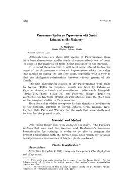 Chromosome Studies on Papaveraceae with Special Reference to the Phylogeny* by T