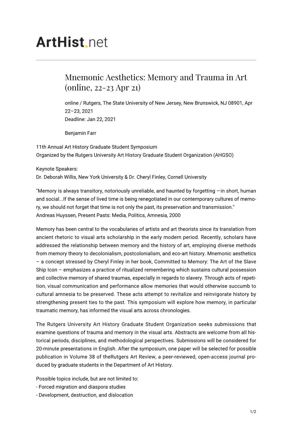 Mnemonic Aesthetics: Memory and Trauma in Art (Online, 22-23 Apr 21)