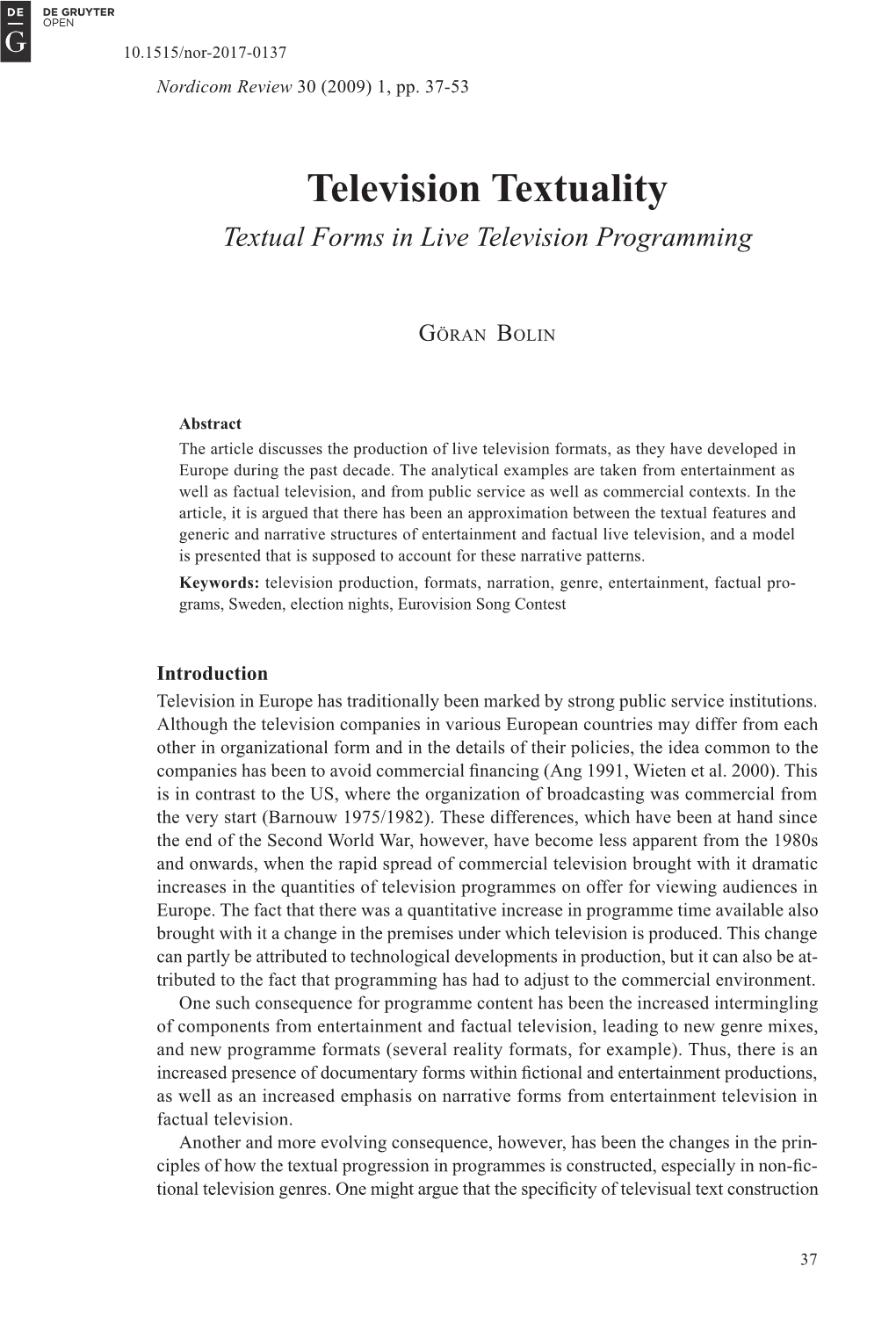 Television Textuality Textual Forms in Live Television Programming