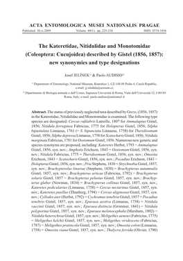 The Kateretidae, Nitidulidae and Monotomidae (Coleoptera: Cucujoidea) Described by Gistel (1856, 1857): New Synonymies and Type Designations