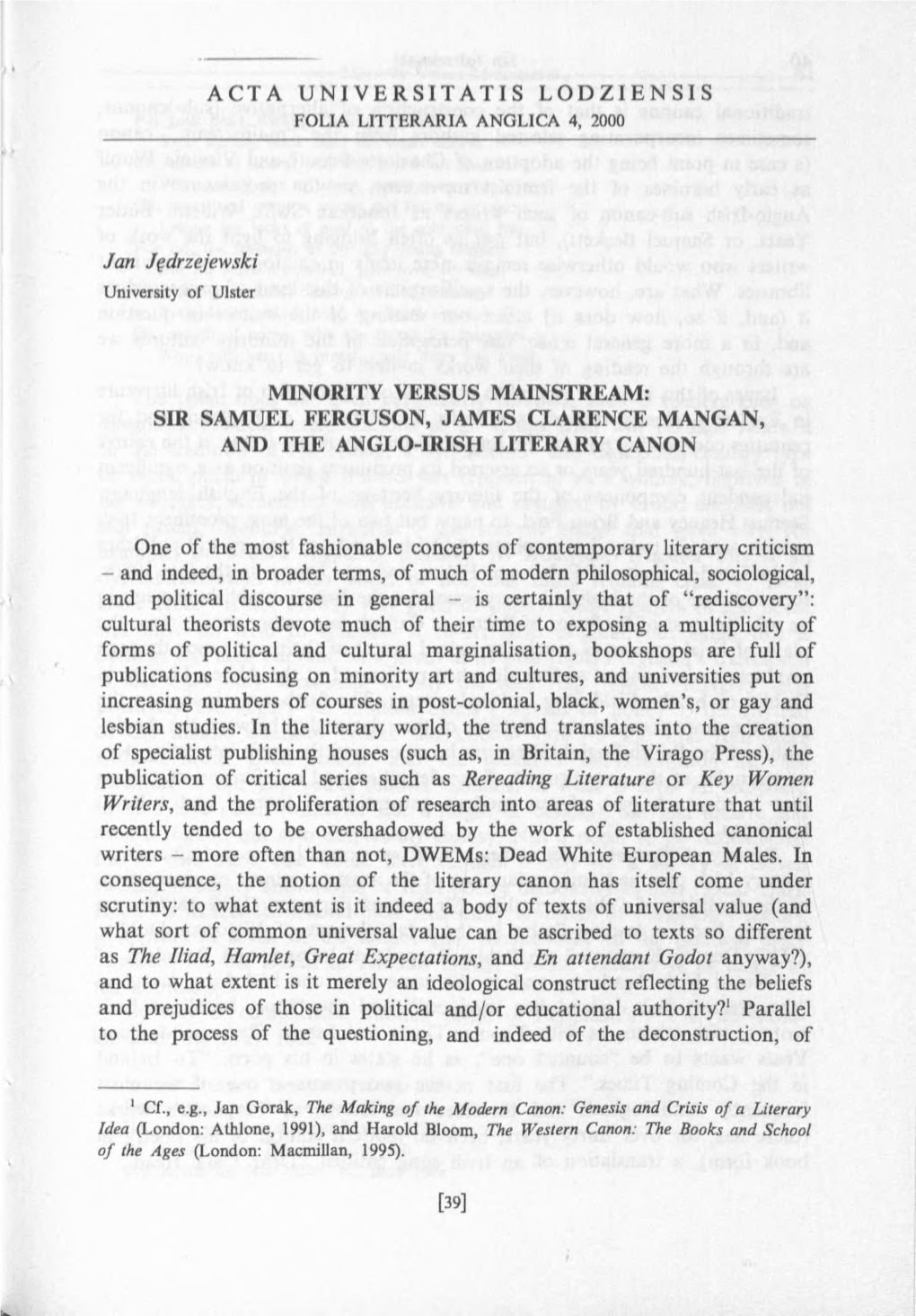 Sir Samuel Ferguson, James Clarence Mangan, and the Anglo-Irish Literary Canon