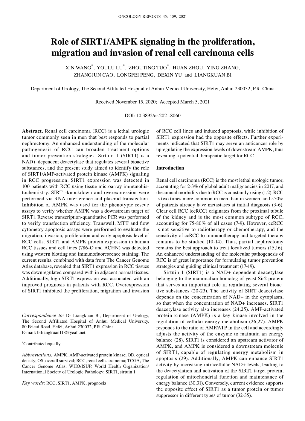 Role of SIRT1/AMPK Signaling in the Proliferation, Migration and Invasion of Renal Cell Carcinoma Cells