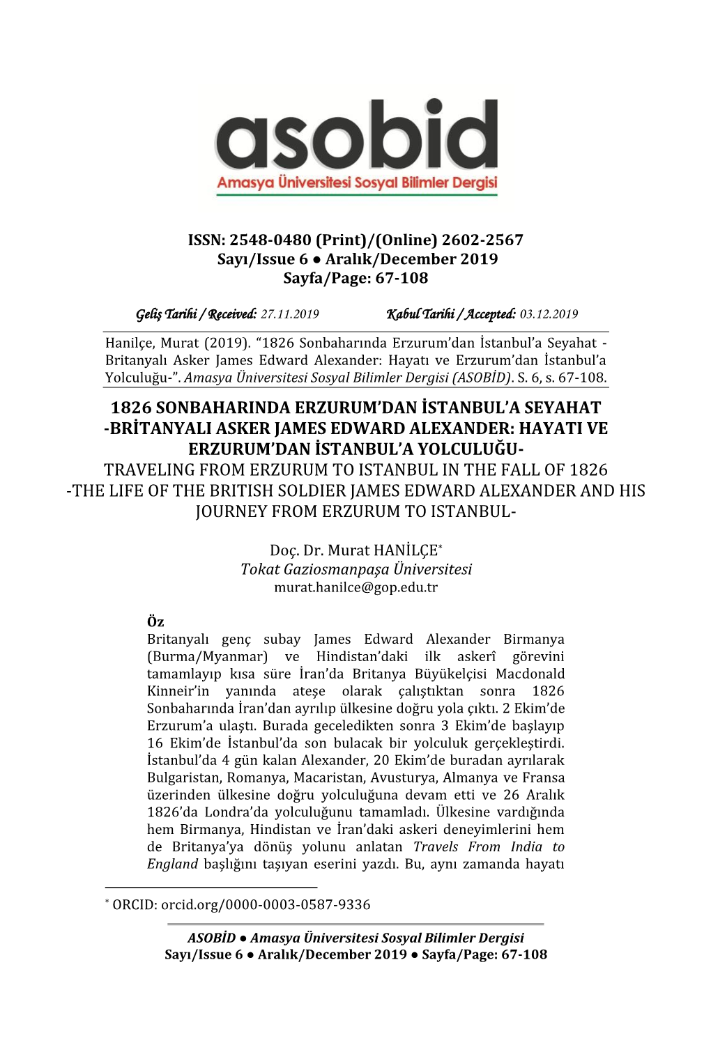 1826 Sonbaharında Erzurum'dan Istanbul'a Seyahat