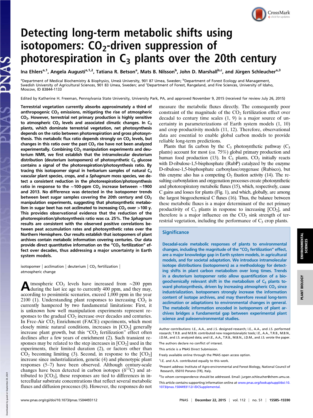 CO2-Driven Suppression of Photorespiration in C3 Plants Over the 20Th Century Ina Ehlersa,1, Angela Augustia,1,2, Tatiana R