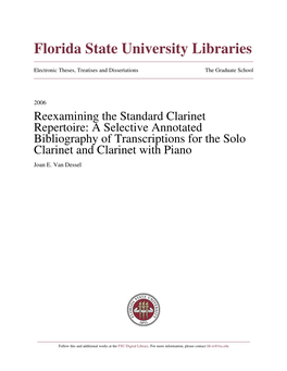A Selective Annotated Bibliography of Transcriptions for the Solo Clarinet and Clarinet with Piano Joan E