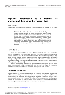 High-Rise Construction As a Method for Architectural Development of Megapolises