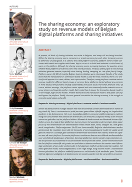 The Sharing Economy: an Exploratory Study on Revenue Models of Belgian Digital Platforms and Sharing Initiatives Karijn Bonne Artevelde University of Applied Sciences