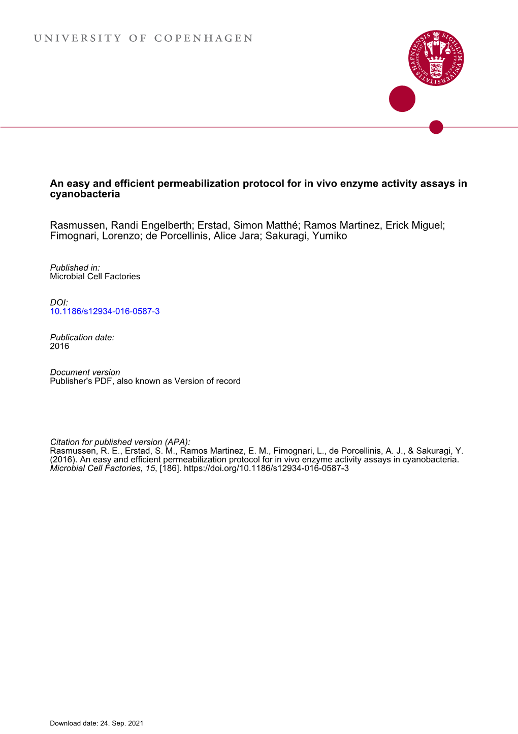 An Easy and Efficient Permeabilization Protocol for in Vivo Enzyme Activity Assays in Cyanobacteria