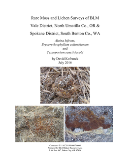 Rare Moss and Lichen Surveys of Bureau of Land Management Vale and Spokane Districts