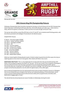 2021 Greene King IPA Championship Fixtures