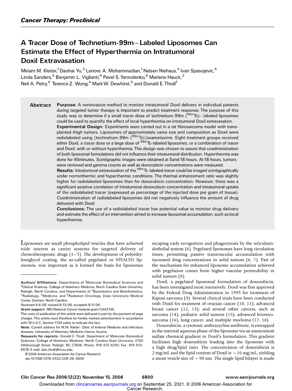 A Tracer Dose of Technetium-99M ^ Labeled Liposomes Can Estimate the Effect of Hyperthermia on Intratumoral Doxil Extravasation Miriam M