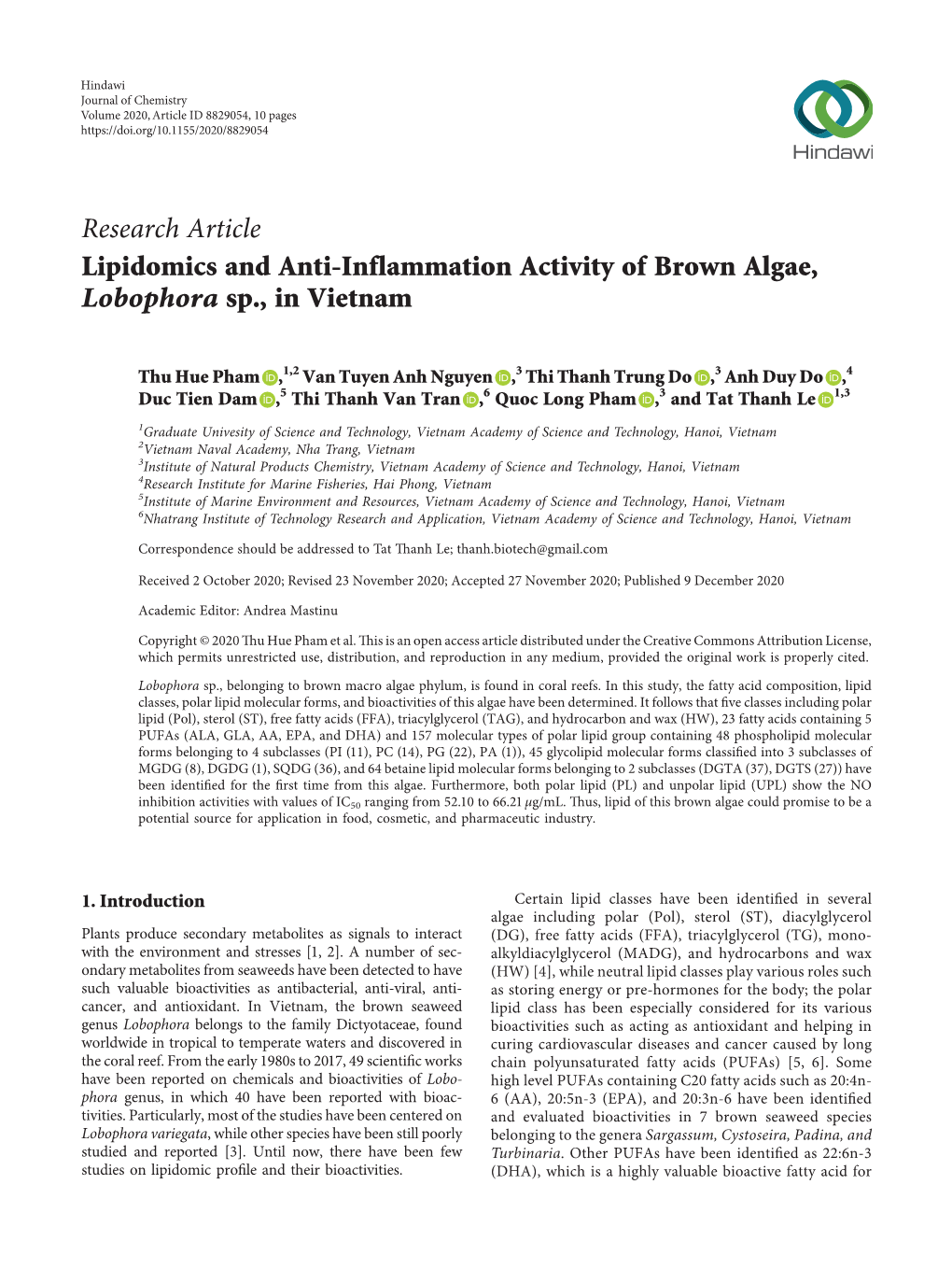 Lipidomics and Anti-Inflammation Activity of Brown Algae, Lobophora Sp., in Vietnam