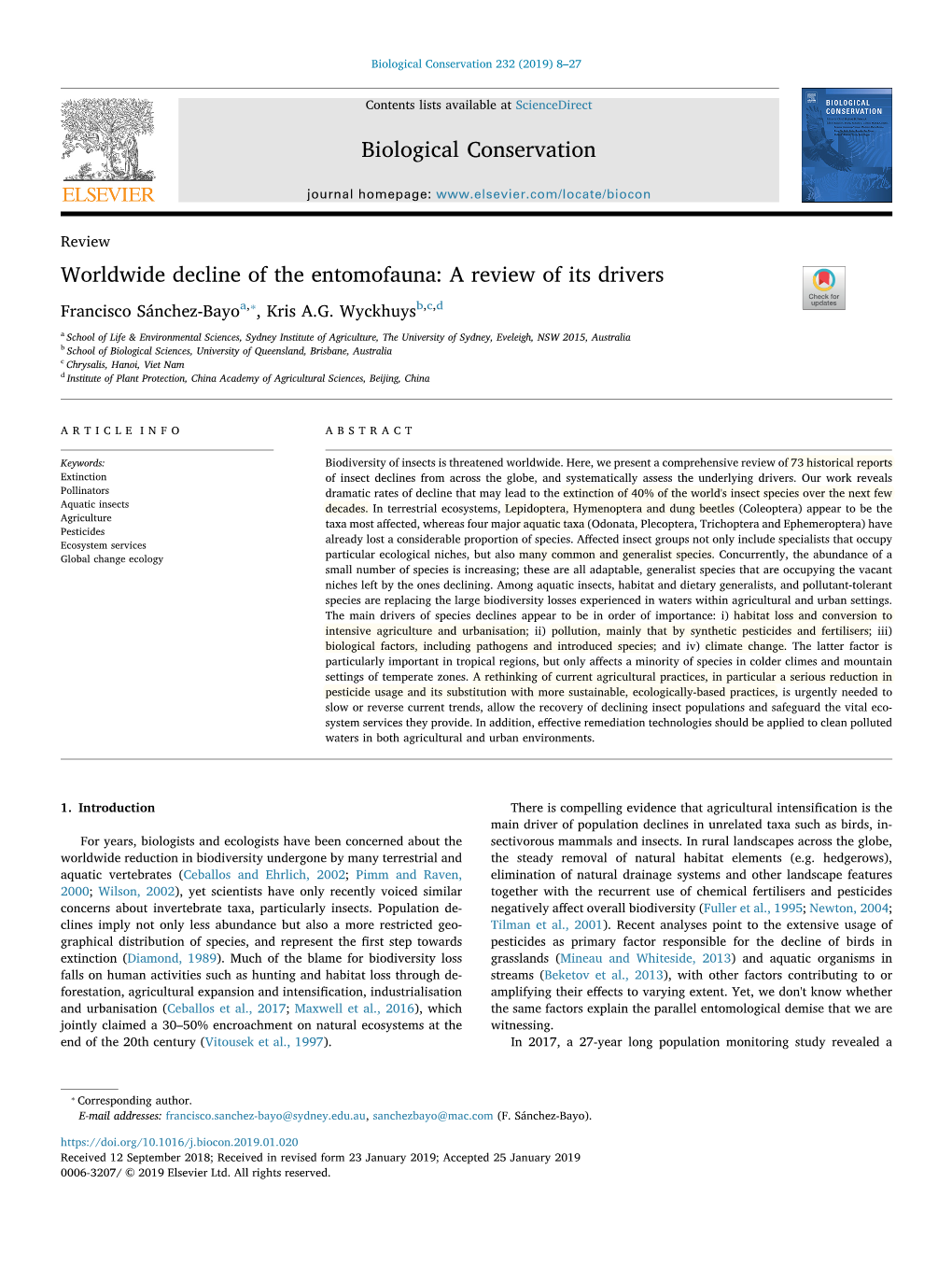 Worldwide Decline of the Entomofauna: a Review of Its Drivers T ⁎ Francisco Sánchez-Bayoa, , Kris A.G