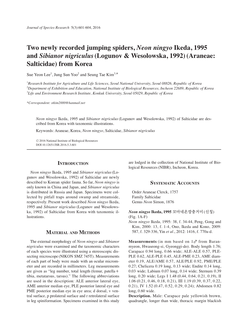 Two Newly Recorded Jumping Spiders, Neon Ningyo Ikeda, 1995 and Sibianor Nigriculus (Logunov & Wesolowska, 1992) (Araneae: Salticidae) from Korea